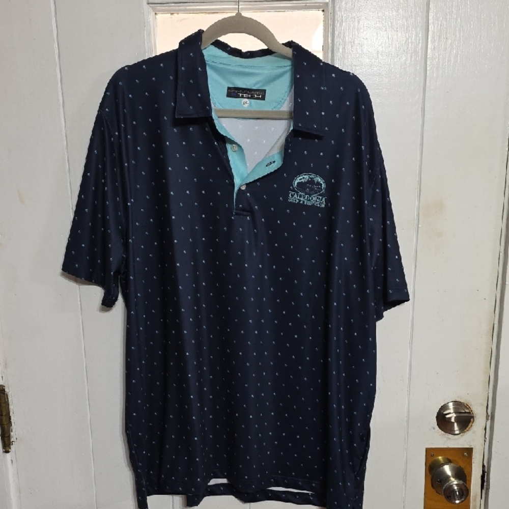 Carnoustie Tech Men's Polo Shirt Blue‎ Caledonia Golf & Fish Club Patch XXL EUC